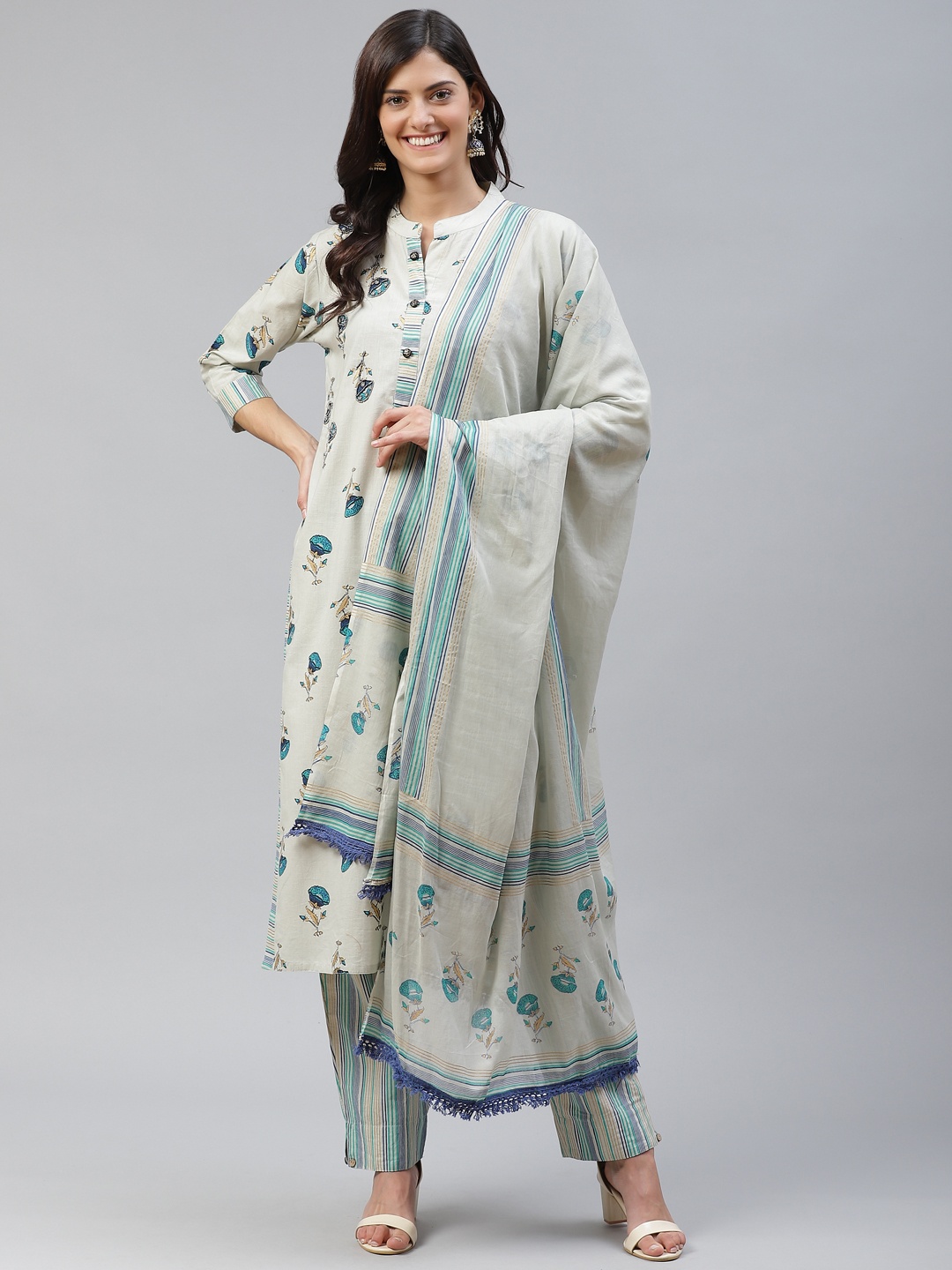 

HIGHLIGHT FASHION EXPORT Women Grey & Blue Printed Kurta with Trousers & Dupatta
