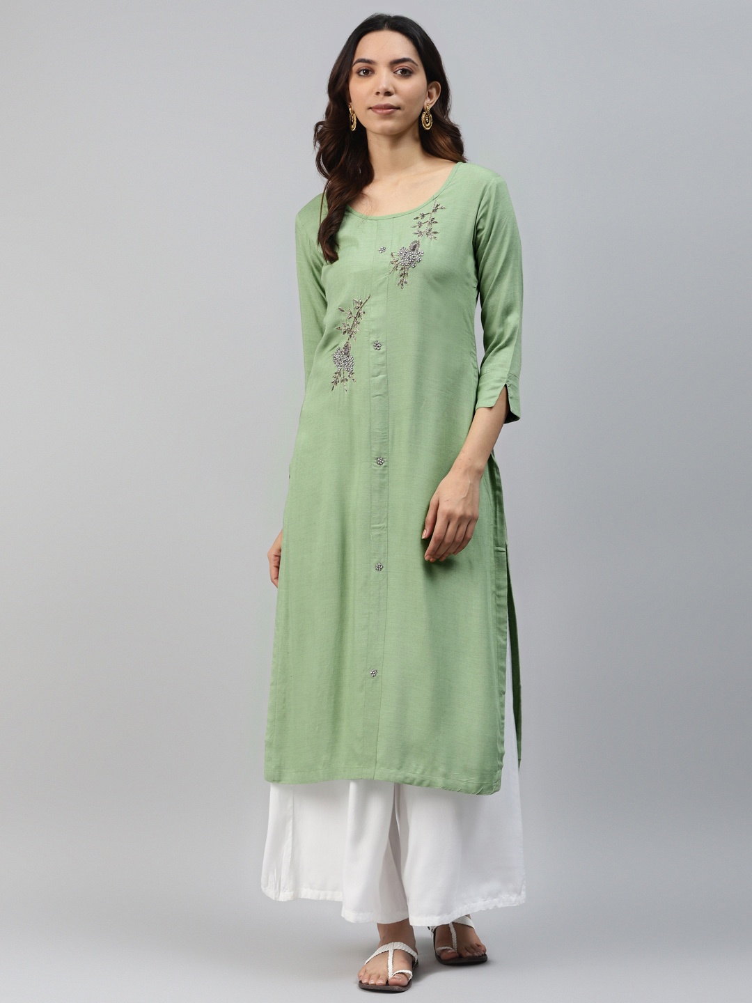 

HIGHLIGHT FASHION EXPORT Women Green Zardozi Handwork Straight Kurta