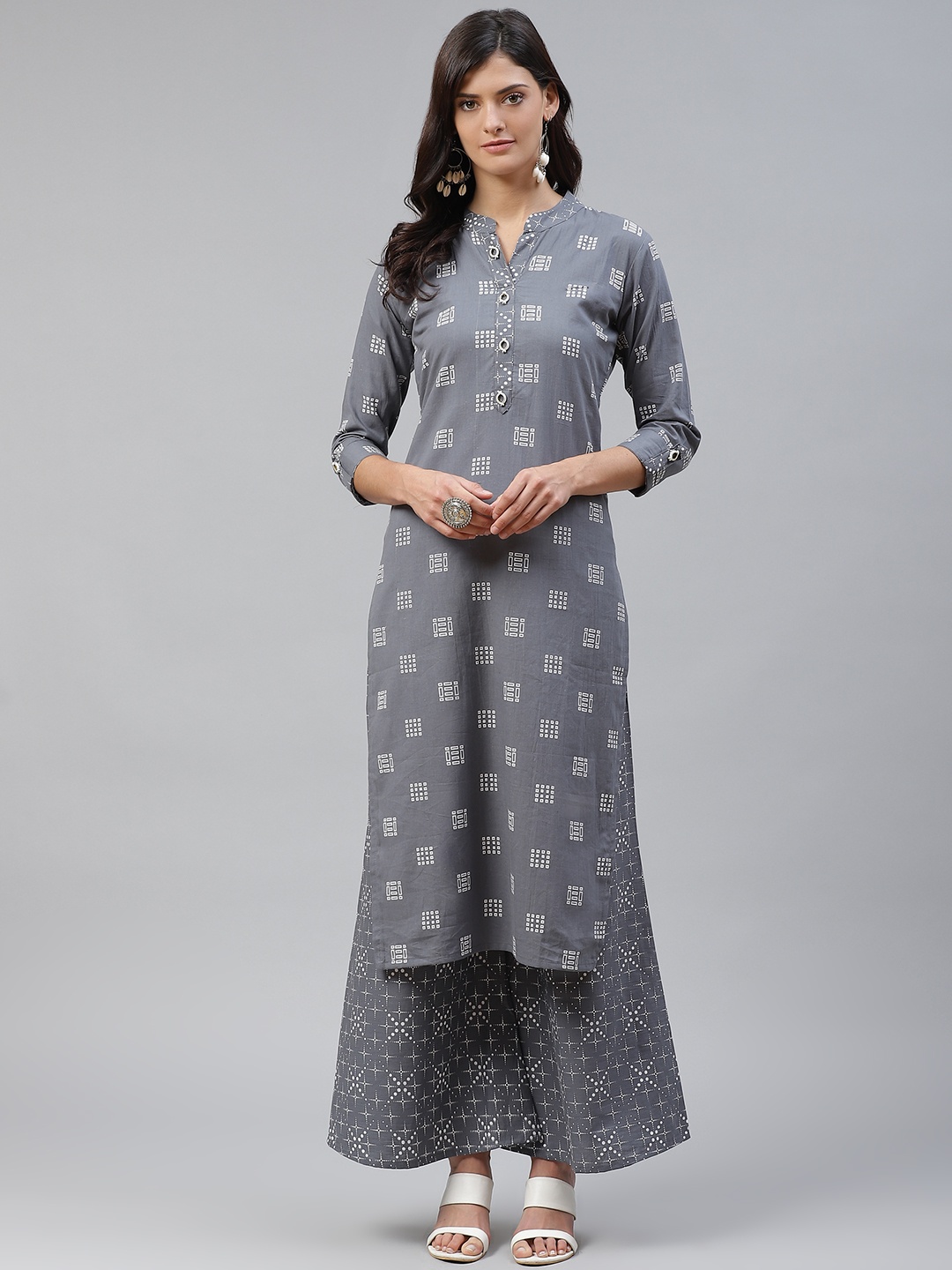 

HIGHLIGHT FASHION EXPORT Women Charcoal Grey & White Foil Print Kurta with Palazzos