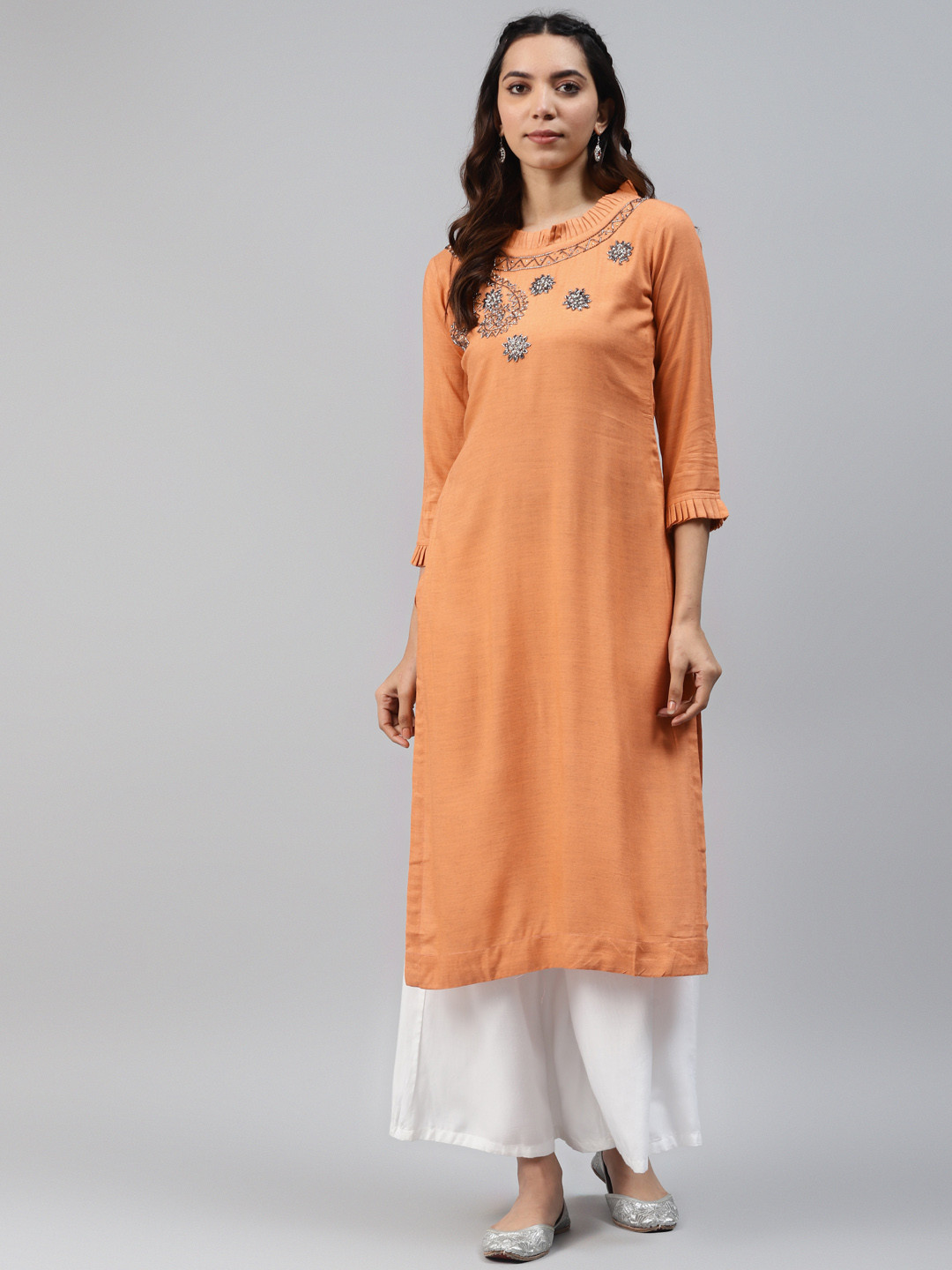 

HIGHLIGHT FASHION EXPORT Women Orange Yoke Design Handwork Kurta