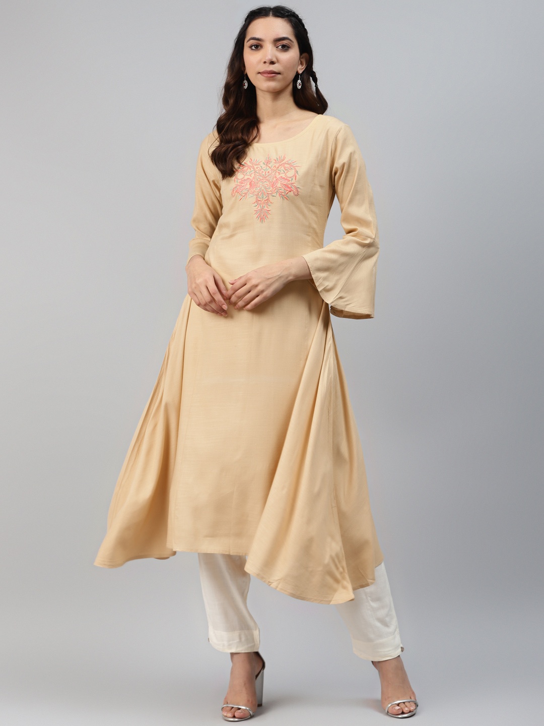 

HIGHLIGHT FASHION EXPORT Women Beige & Orange Ethnic Yoke Design Zari Cotton A-Line Kurta
