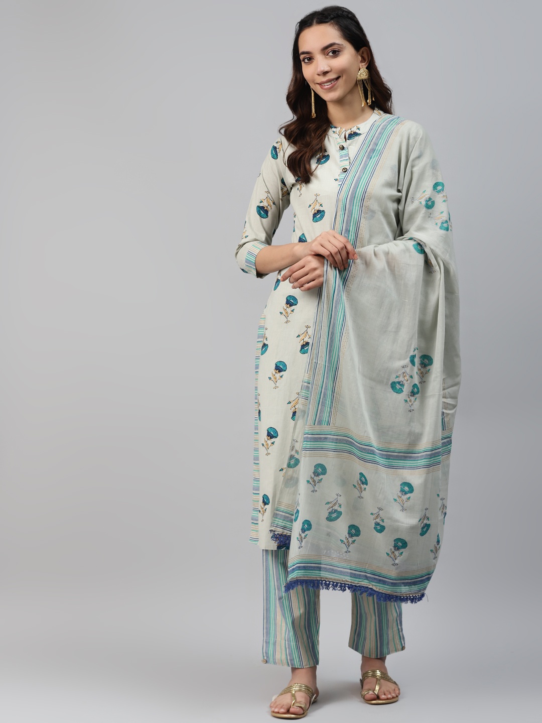 

HIGHLIGHT FASHION EXPORT Women Grey & Blue Printed Kurta with Trousers & Dupatta