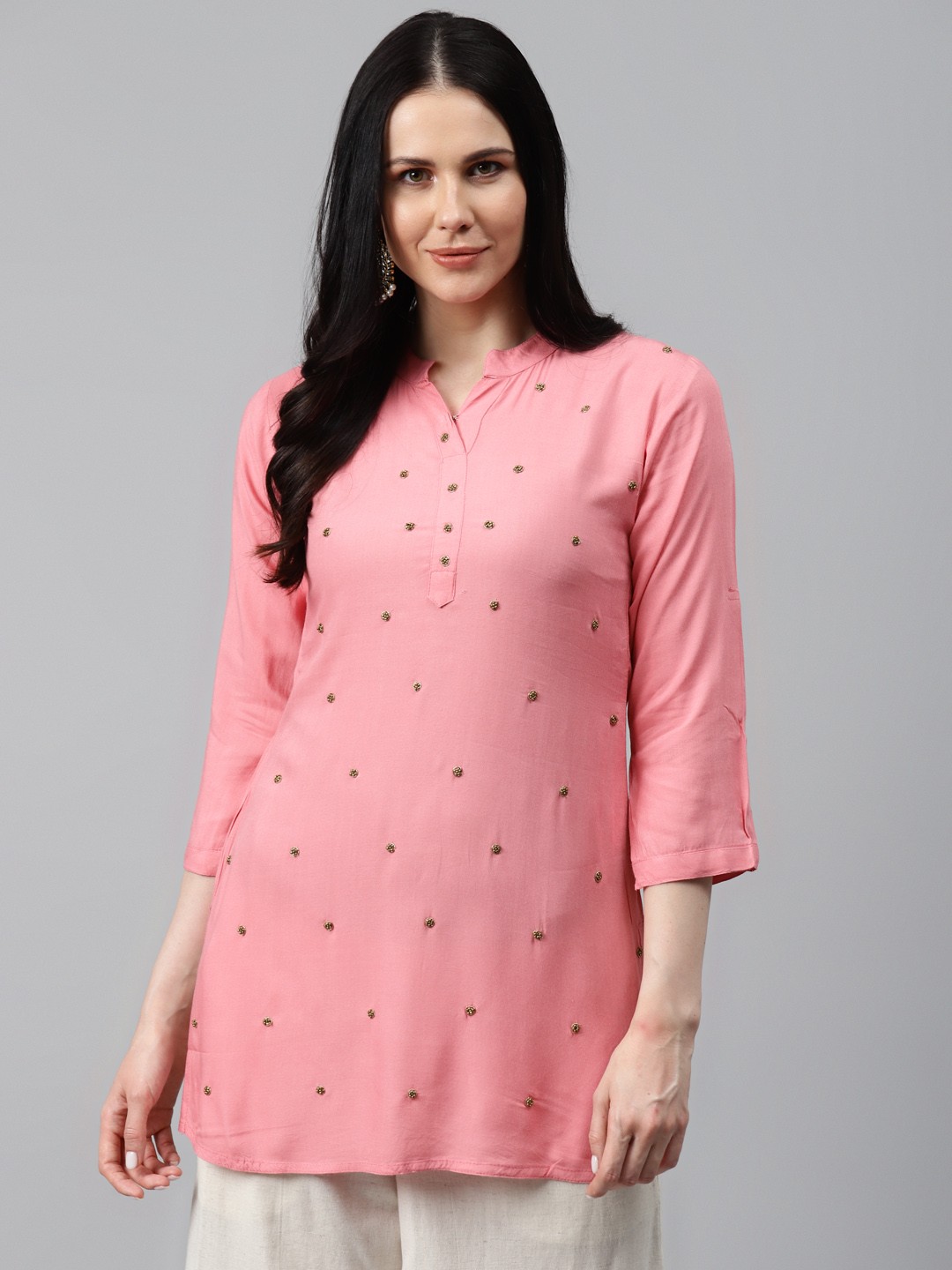 

HIGHLIGHT FASHION EXPORT Women Pink Embellished Handwork Straight Kurti