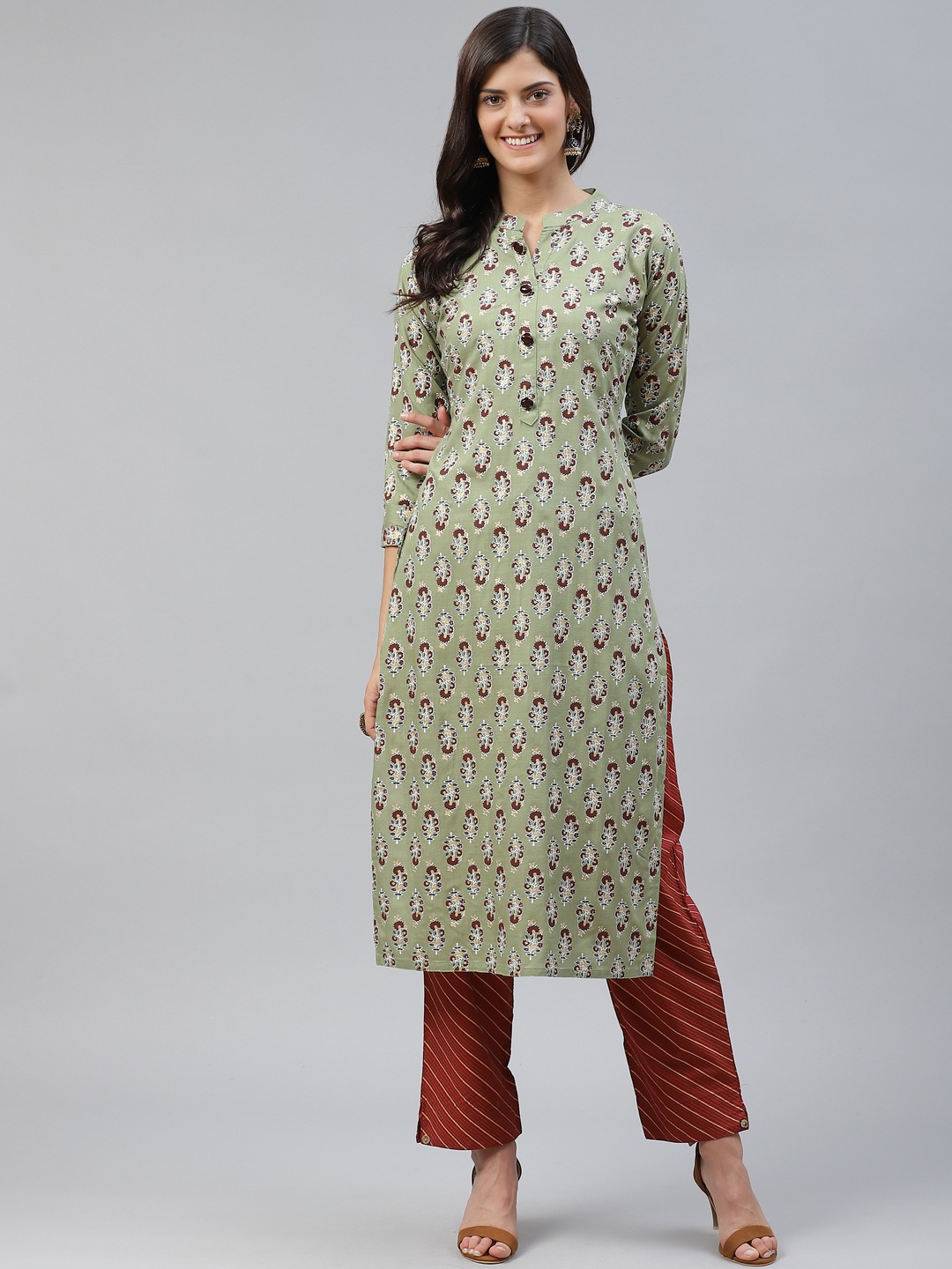 

HIGHLIGHT FASHION EXPORT Women Green & White Printed Kurta with Trousers