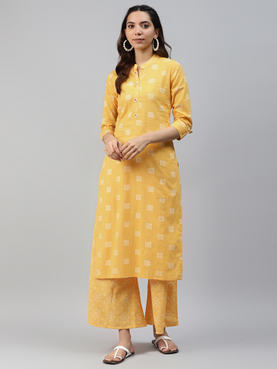 

HIGHLIGHT FASHION EXPORT Women Mustard Yellow & White Printed Kurta with Palazzos