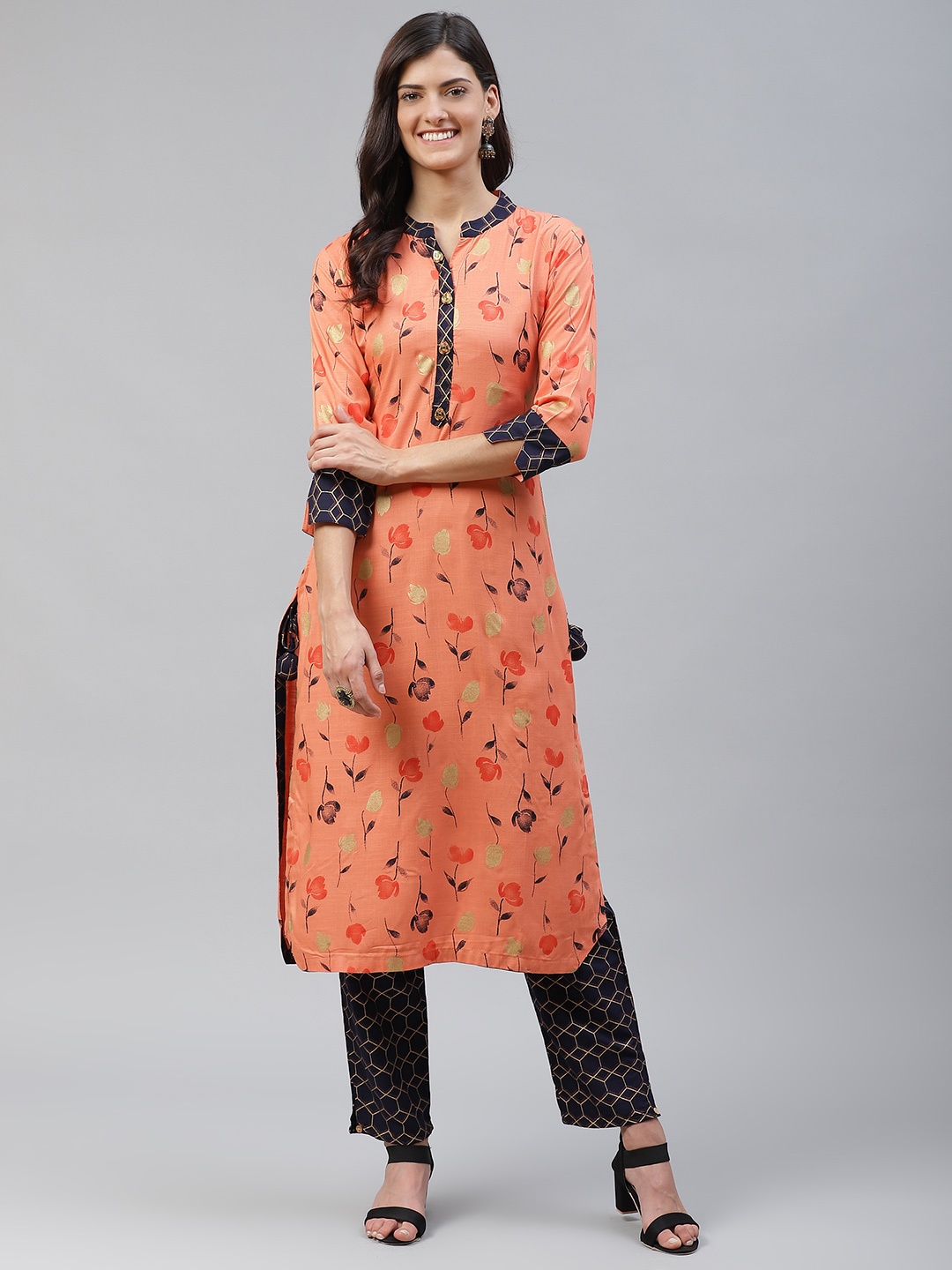 

HIGHLIGHT FASHION EXPORT Women Peach-Coloured & Navy Blue Ethnic Print Kurta with Trousers