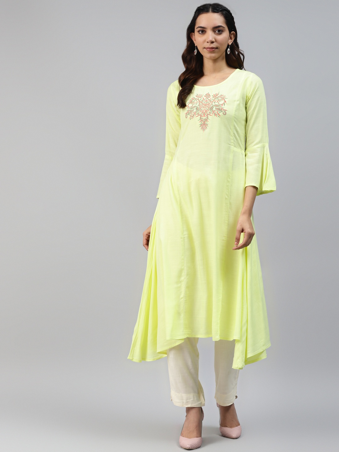 

HIGHLIGHT FASHION EXPORT Women Lime Green Ethnic Yoke Design Zari Cotton A-Line Kurta