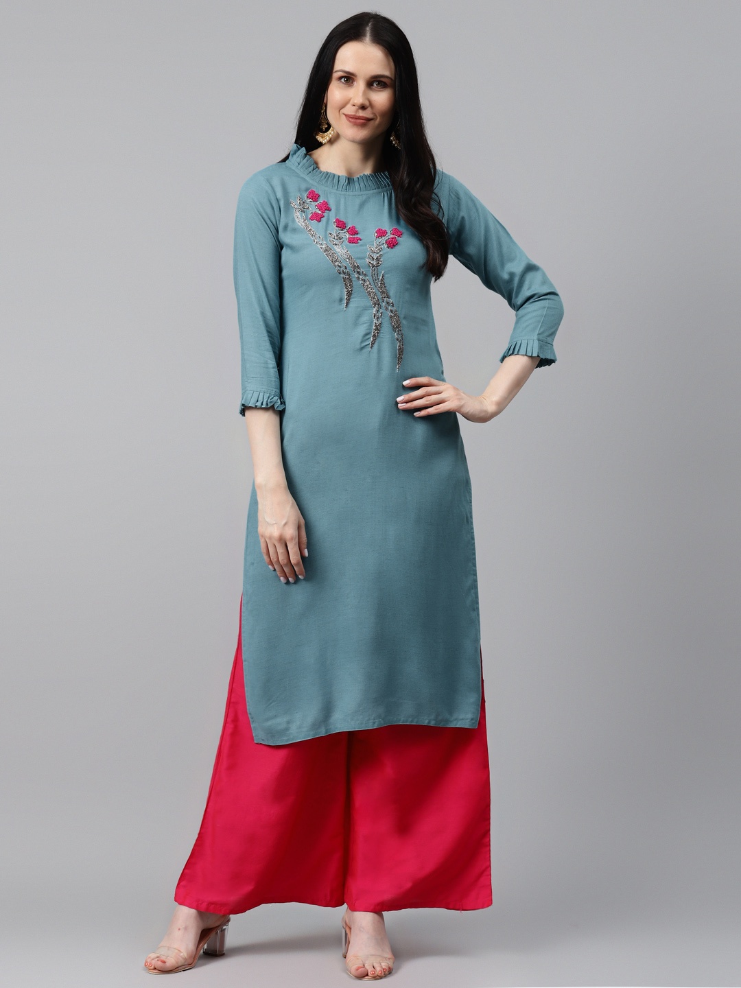 

HIGHLIGHT FASHION EXPORT Women Blue Handwork Yoke Design Kurta