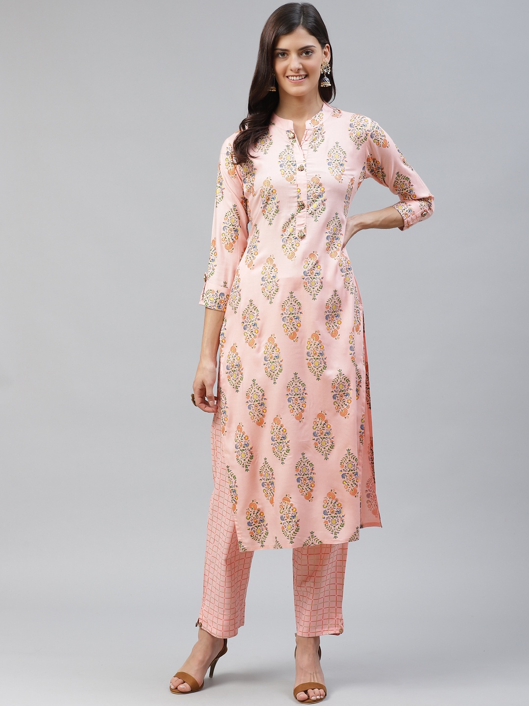 

HIGHLIGHT FASHION EXPORT Women Pink & Green Printed Kurta with Trousers