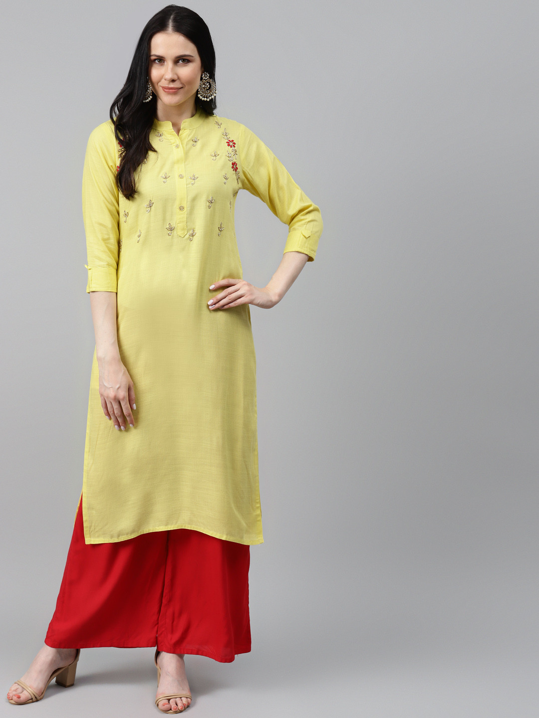 

HIGHLIGHT FASHION EXPORT Women Yellow & Golden Ethnic Yoke Design Zardozi Handwork Kurta