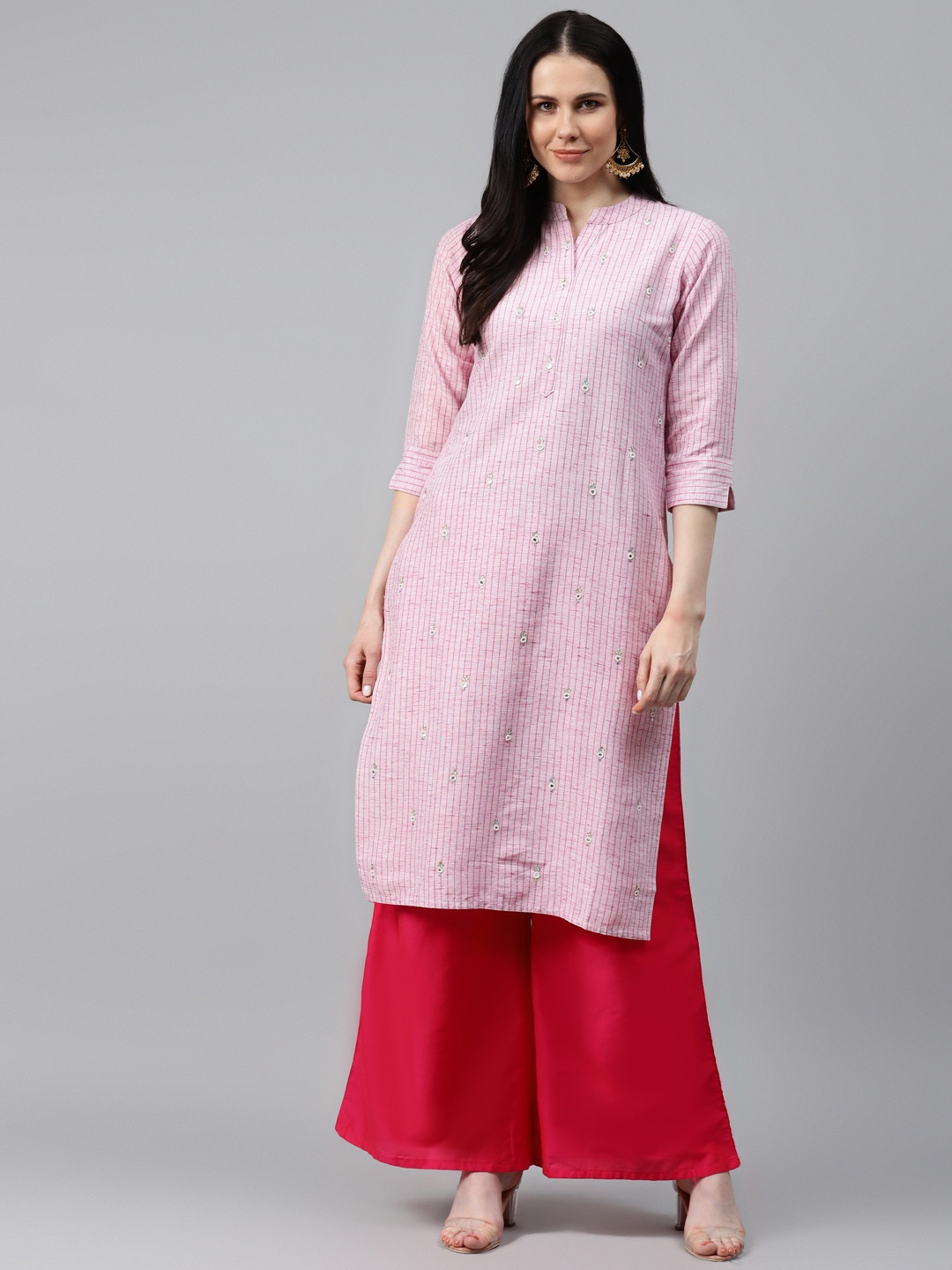 

HIGHLIGHT FASHION EXPORT Women Pink Striped Roll-Up Sleeves Zardozi Handwork Cotton Kurta