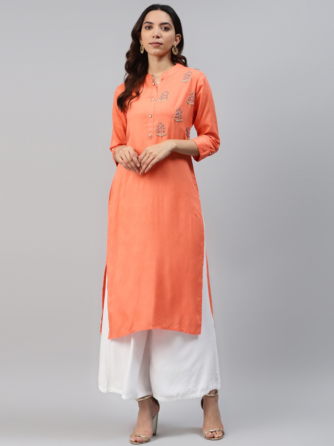 

HIGHLIGHT FASHION EXPORT Women Orange Handwork Embellished Yoke Design Kurta