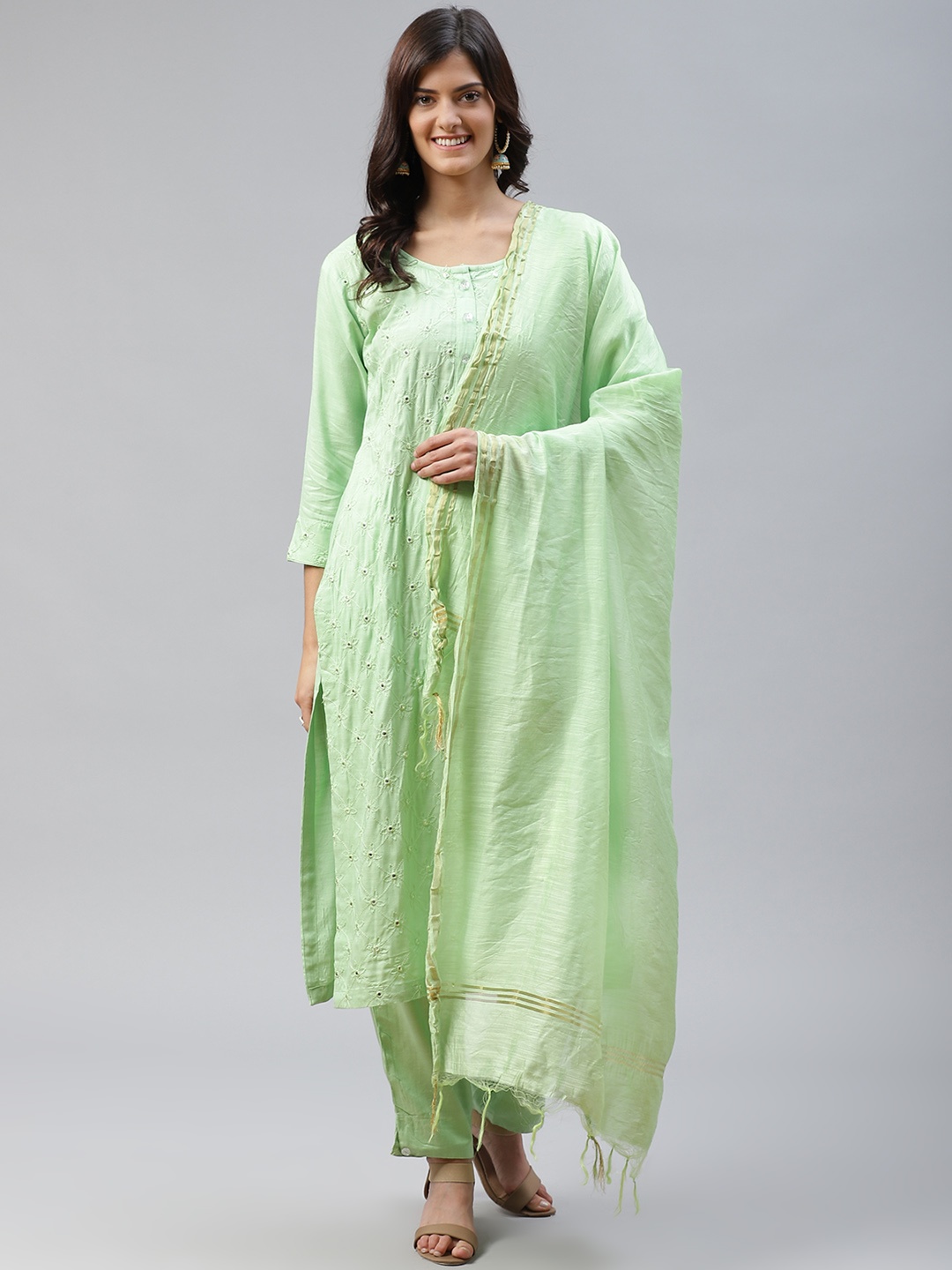 

HIGHLIGHT FASHION EXPORT Women Green Embroidered Kurta with Trousers & Dupatta