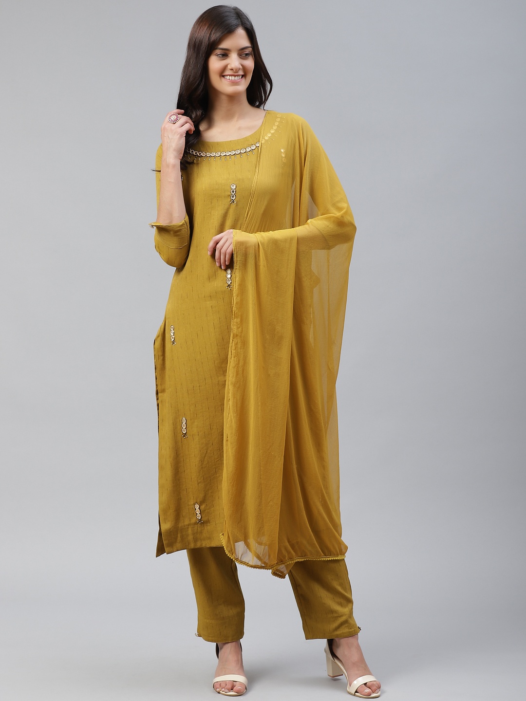 

HIGHLIGHT FASHION EXPORT Women Mustard Yellow Self-Striped Kurta with Trousers & Dupatta