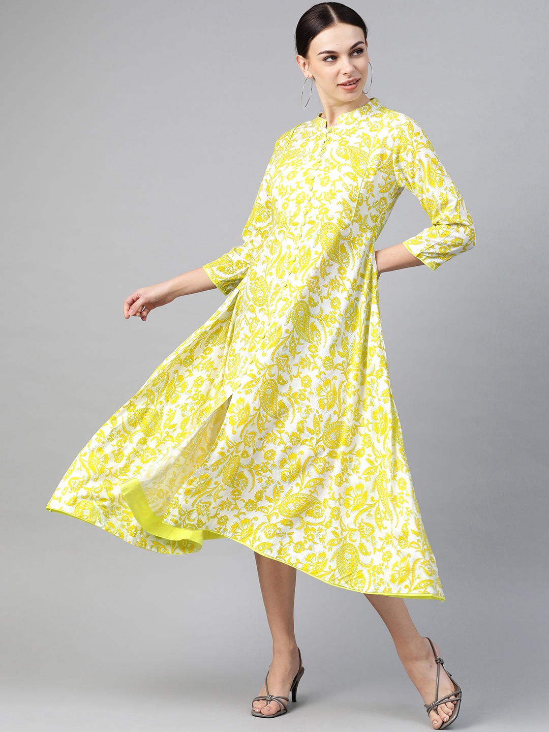 

HIGHLIGHT FASHION EXPORT Women White & Yellow Printed A-Line Midi Dress