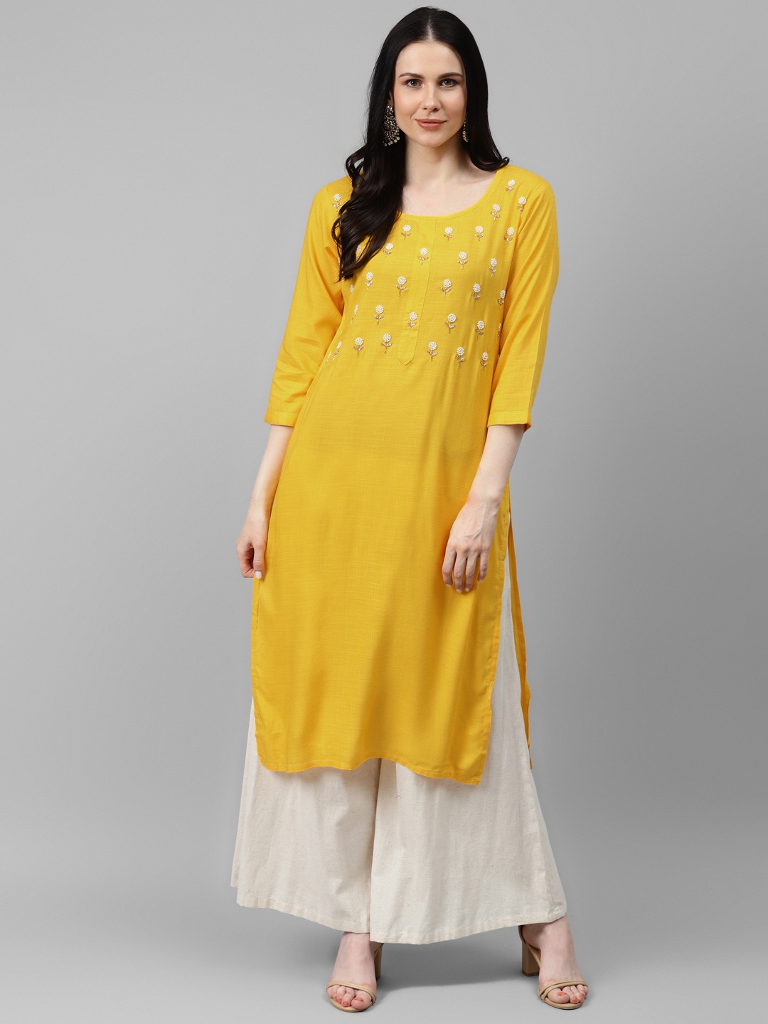 

HIGHLIGHT FASHION EXPORT Women Yellow Handwork Yoke Design Kurta
