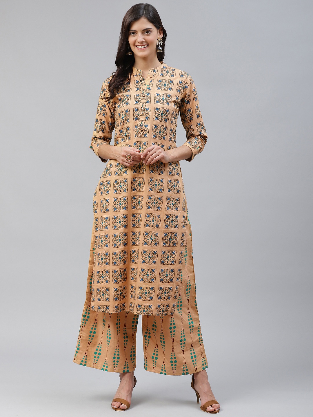 

HIGHLIGHT FASHION EXPORT Women Beige & Blue Ethnic Motifs Print Kurta with Palazzos