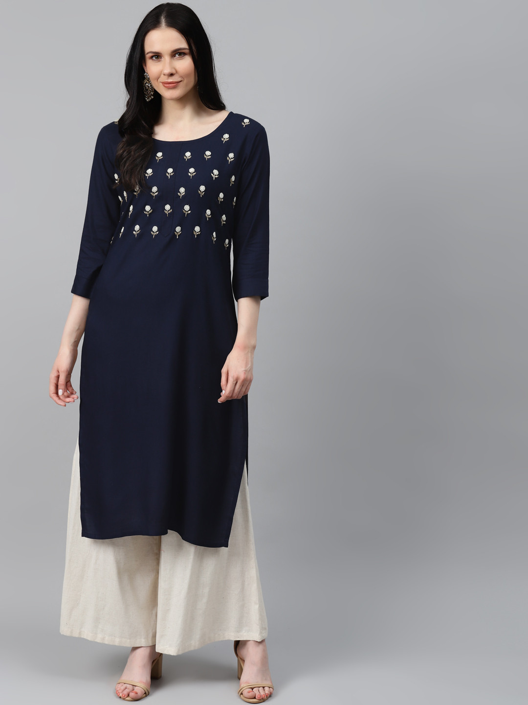 

HIGHLIGHT FASHION EXPORT Women Navy Blue Yoke Design Zardozi Kurta