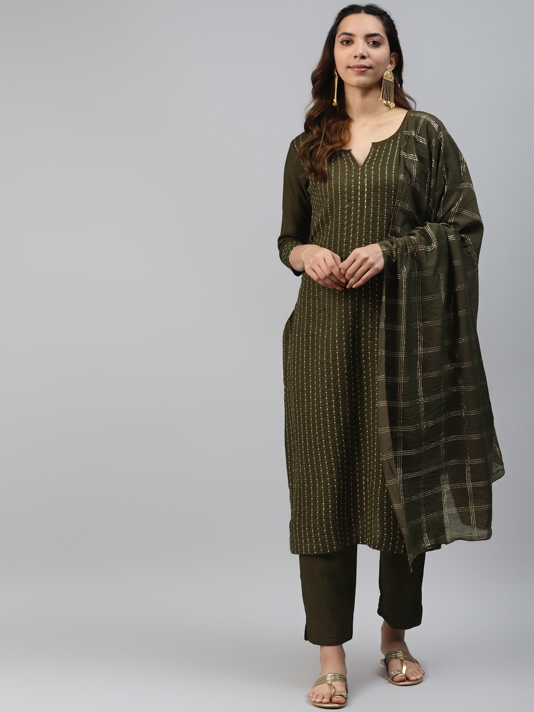 

HIGHLIGHT FASHION EXPORT Women Olive Green & Golden Striped Kurta with Trousers & Dupatta