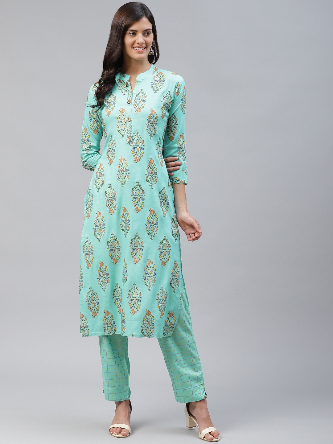 

HIGHLIGHT FASHION EXPORT Women Blue & Golden Ethnic Motifs Print Kurta with Trousers
