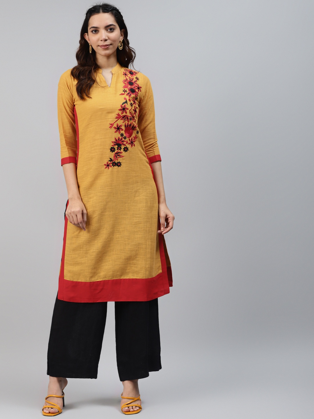 

HIGHLIGHT FASHION EXPORT Women Mustard Yellow Yoke Design Cotton Thread Work Kurta