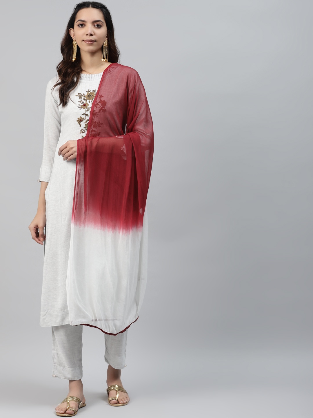 

HIGHLIGHT FASHION EXPORT Women Grey & Maroon Yoke Design Kurta with Trousers & Dupatta