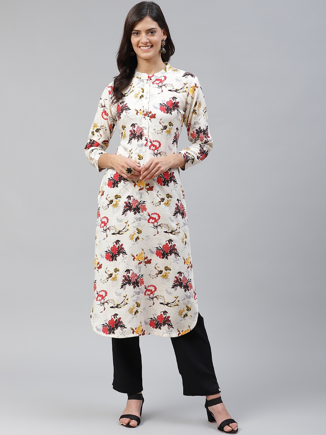 

HIGHLIGHT FASHION EXPORT Women White & Black Ethnic Motifs Print Kurta with Trousers