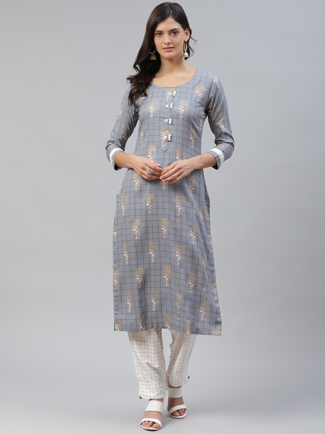 HIGHLIGHT FASHION EXPORT Women Grey & White Printed Kurta with Trousers