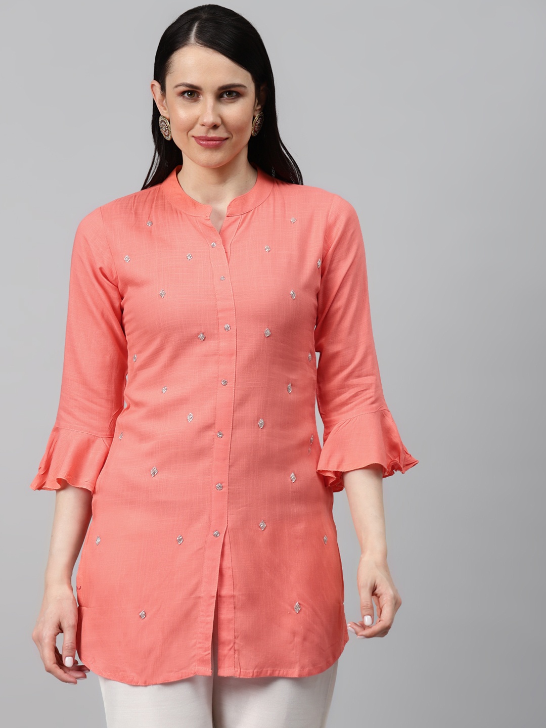 

HIGHLIGHT FASHION EXPORT Women Peach-Coloured & Silver Hand Embroidered Bell Sleeves Kurta