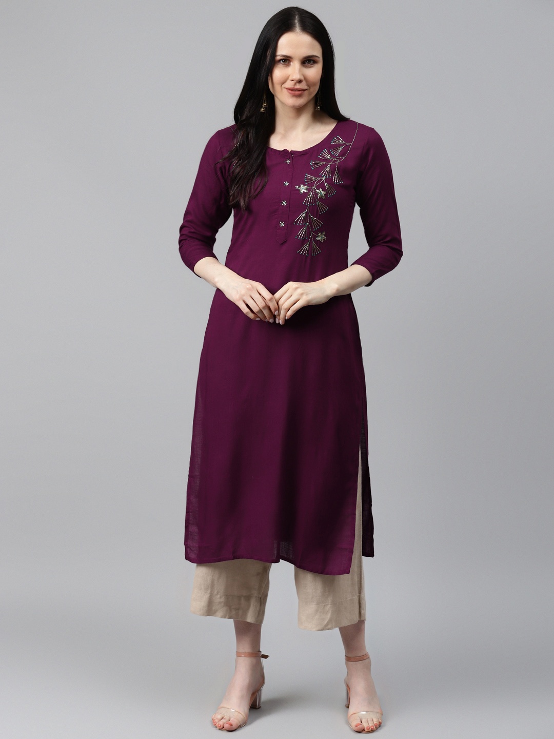 

HIGHLIGHT FASHION EXPORT Women Purple & Golden Ethnic Embroidered Handwork Zardozi Kurta