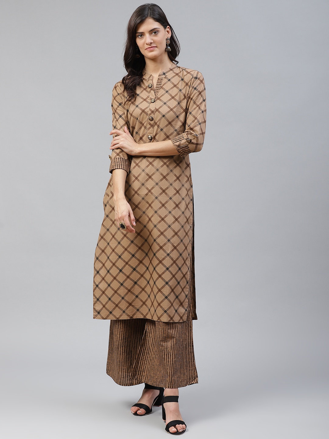 

HIGHLIGHT FASHION EXPORT Women Brown Checked Kurta with Palazzos
