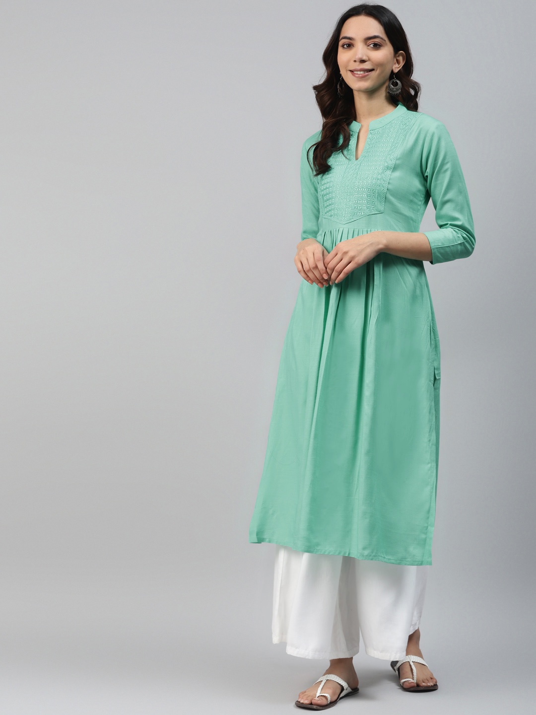 

HIGHLIGHT FASHION EXPORT Women Green Ethnic Motifs Yoke Design Thread Work A-Line Kurta