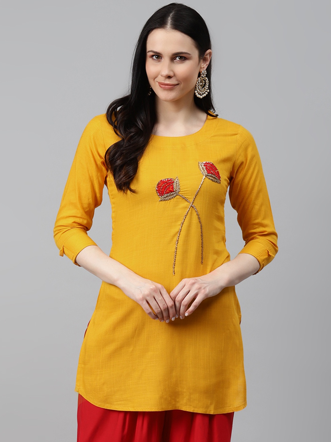 

HIGHLIGHT FASHION EXPORT Women Mustard Yellow & Golden Ethnic Hand Embroidered Kurta