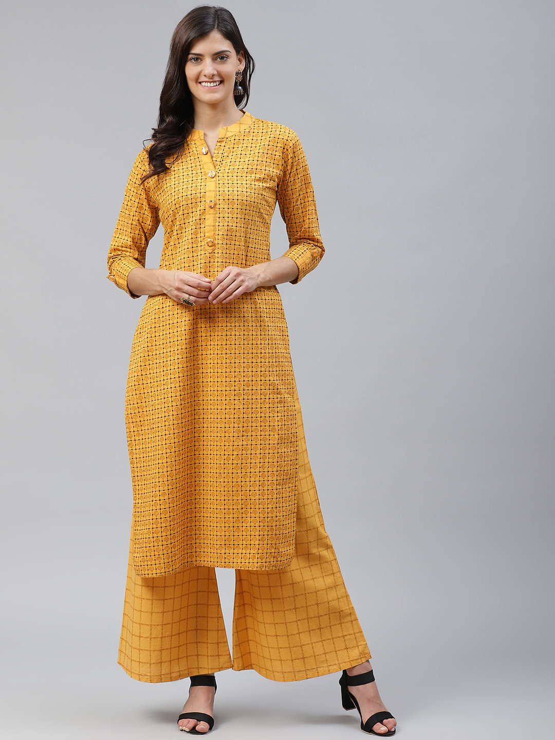 

HIGHLIGHT FASHION EXPORT Women Mustard Yellow & Black Ethnic Print Kurta with Palazzos