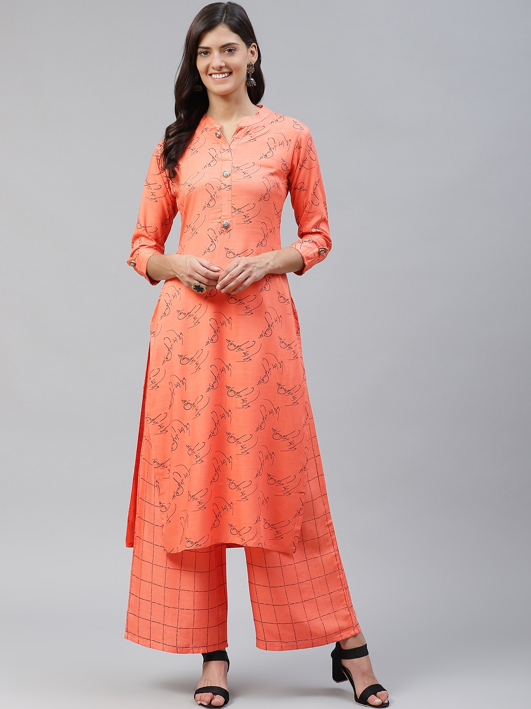 

HIGHLIGHT FASHION EXPORT Women Coral Pink & Black Printed Kurta with Palazzos