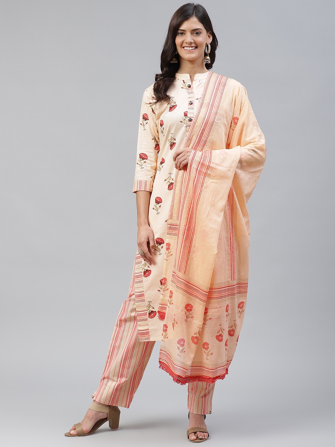 

HIGHLIGHT FASHION EXPORT Women Pink & Red Ethnic Print Kurta with Trousers & Dupatta