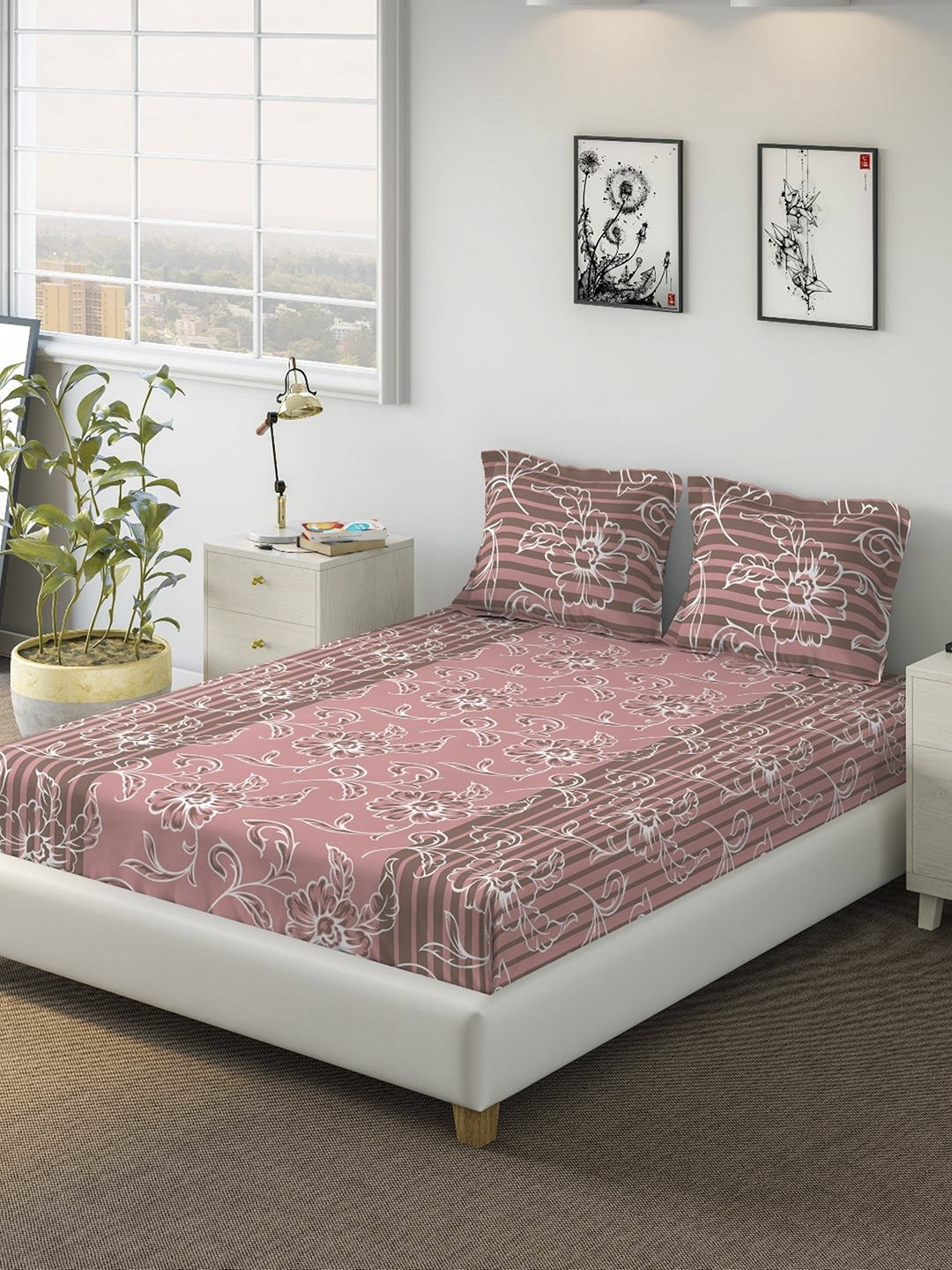 

DDecor Pink & Brown Floral 144 TC King Bedsheet With 2 Pillow Covers