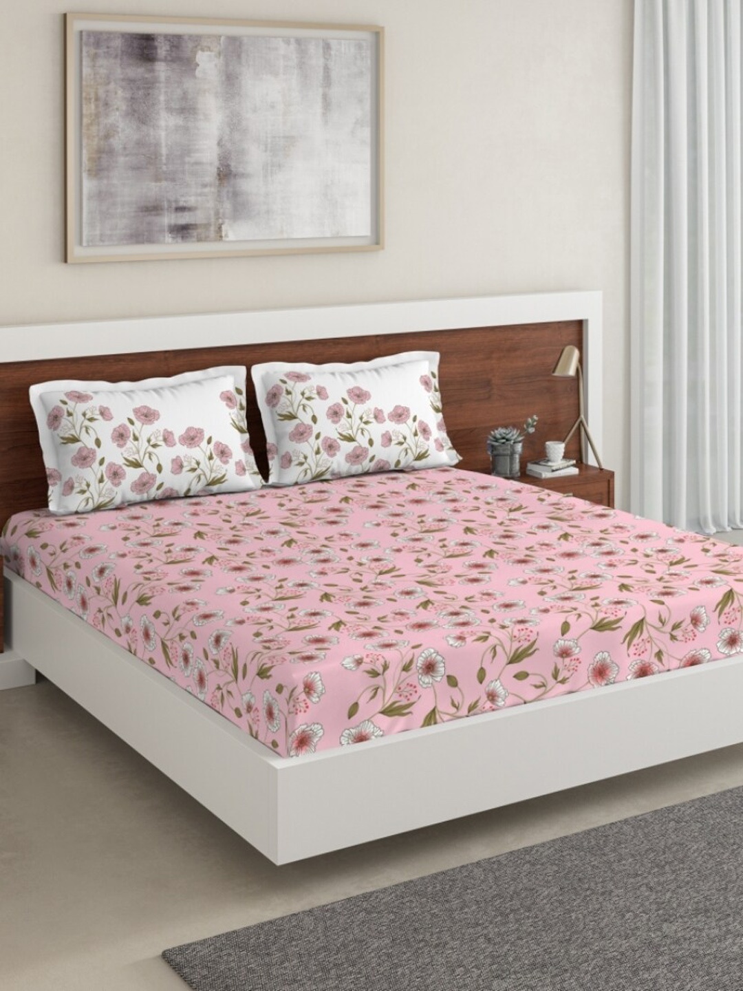 

DDecor Pink & White Floral 144 TC Double Queen Bedsheet with Two Pillow Covers