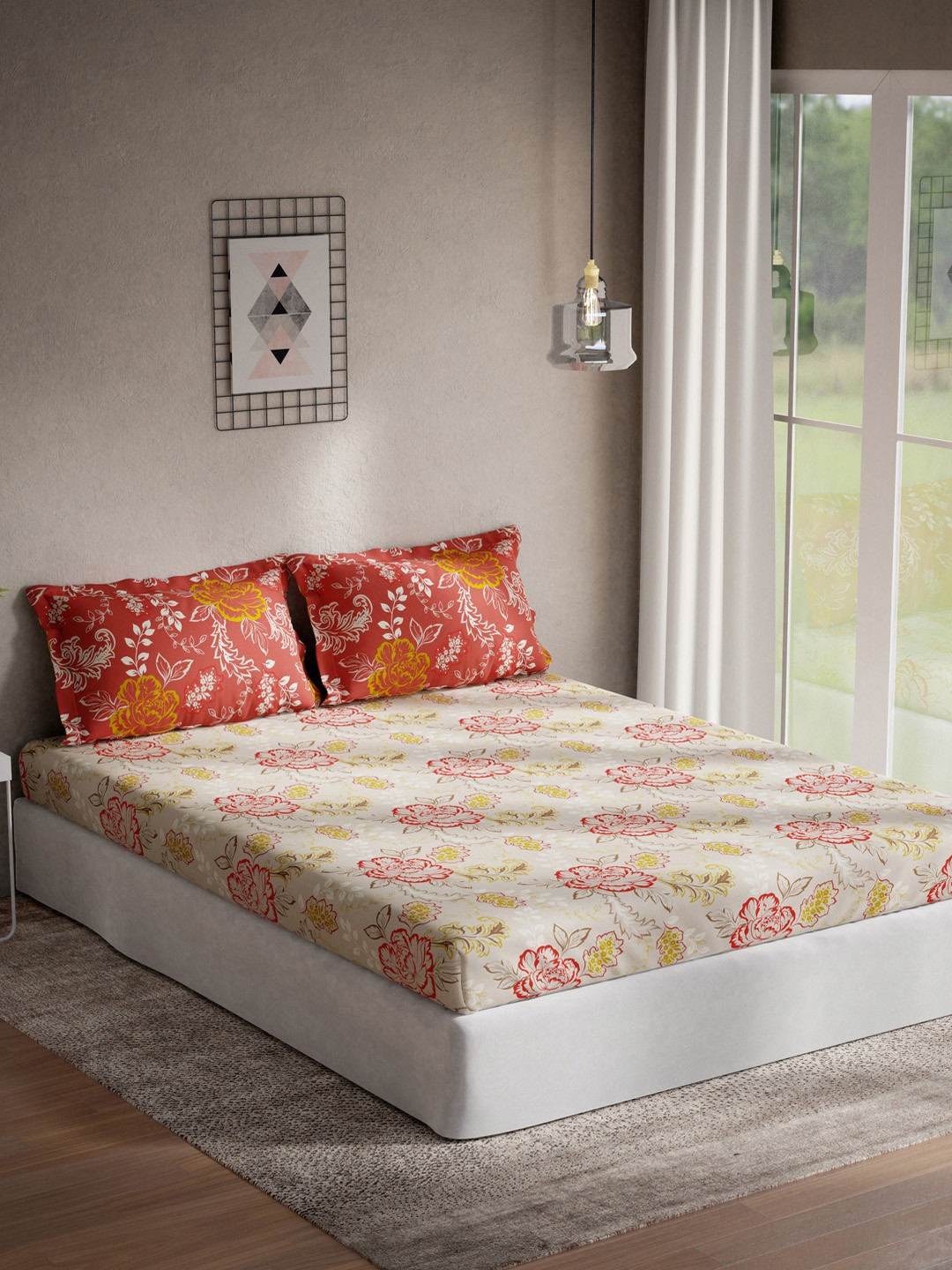 

DDecor Olive Green & Red Floral-Printed 144 TC King Bedsheet with 2 Pillow Covers
