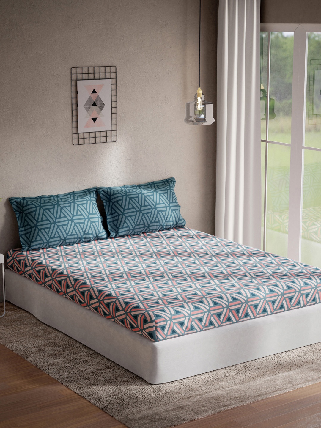 

DDecor Pink & Blue Geometric 144 TC King Bedsheet with Two Pillow Covers