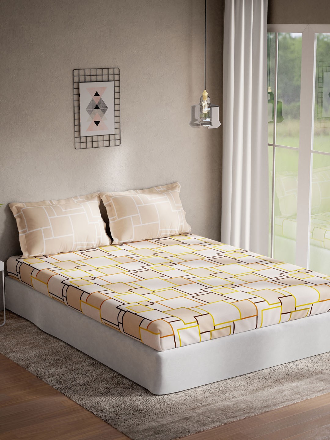 

DDecor Beige & Yellow Geometric Printed 144 TC Cotton King Bedsheet With 2 Pillow Covers