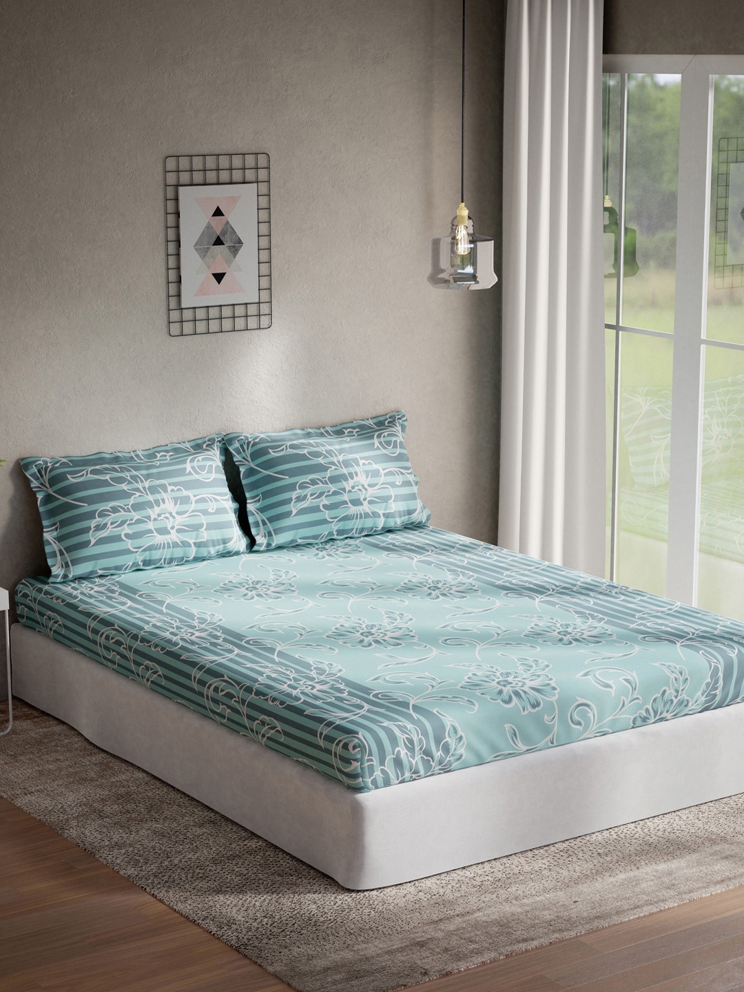 DDecor Turquoise Blue & White Floral Printed 144TC 1 Double King Bedsheet With 2 Pillow Covers