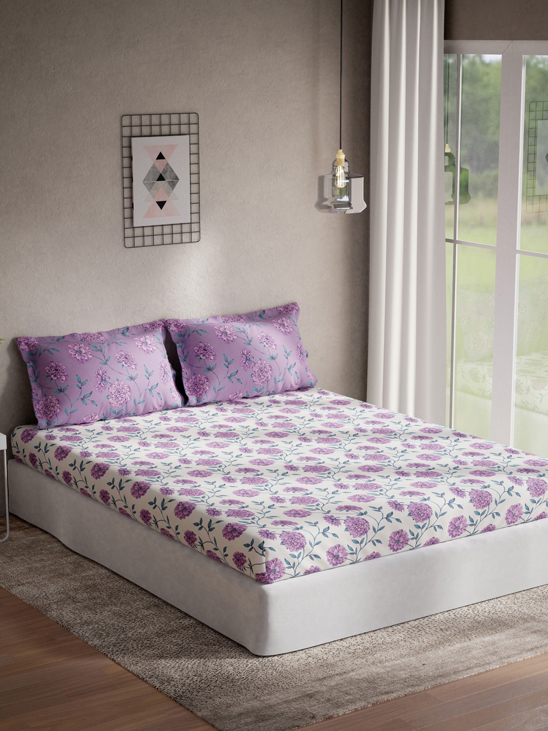 

DDecor White & Purple Floral-Printed 144 TC Queen Bedsheet with 2 Pillow Covers