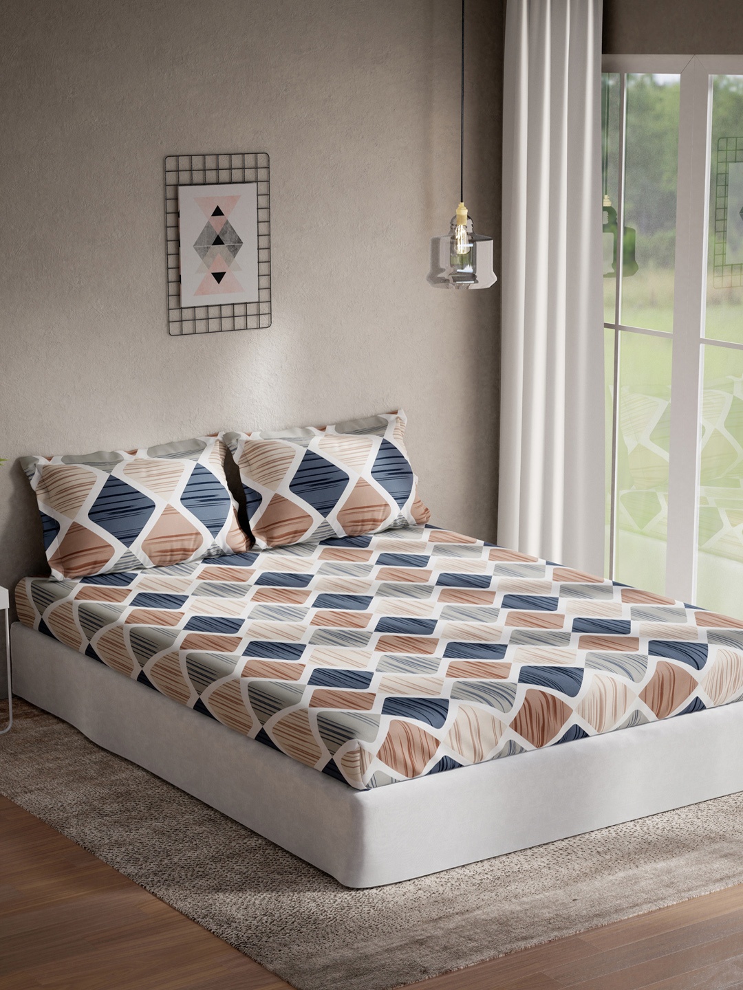 DDecor Brown & Blue Printed 144 TC Double Bedsheet with 2 Pillow Covers