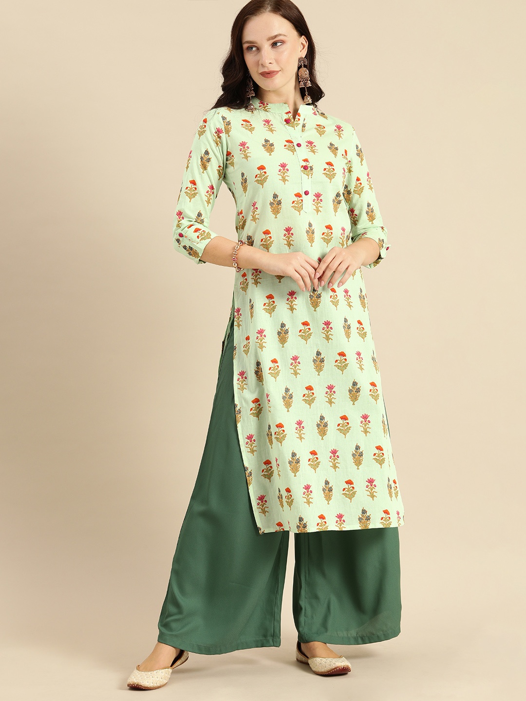 

Rajnandini Women Sea Green & Pink Floral Printed Kurta
