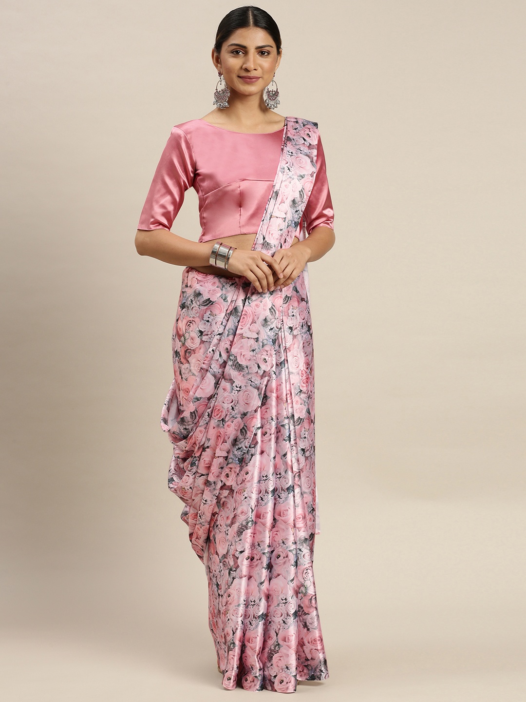 

LOOKNBOOK ART Pink Satin Printed Digital Print Saree