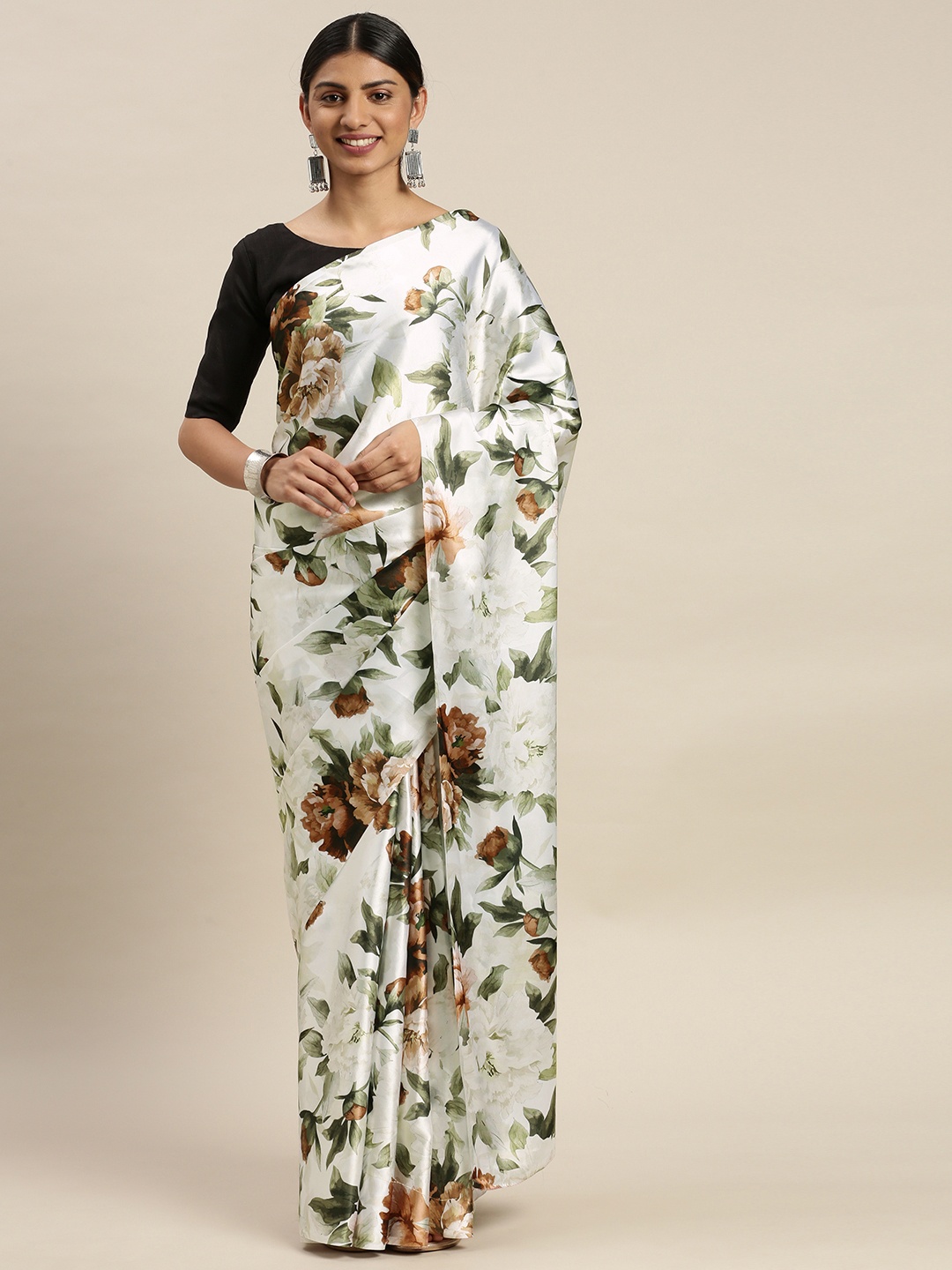 

LOOKNBOOK ART White & Green Satin Printed Saree