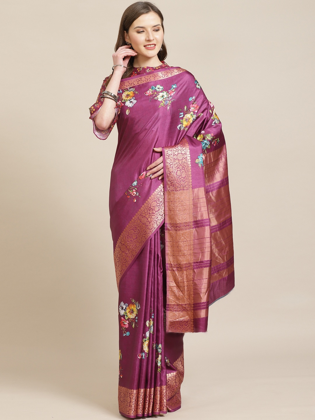 

Kvsfab Pink & Rose Gold Floral Print Zari Saree