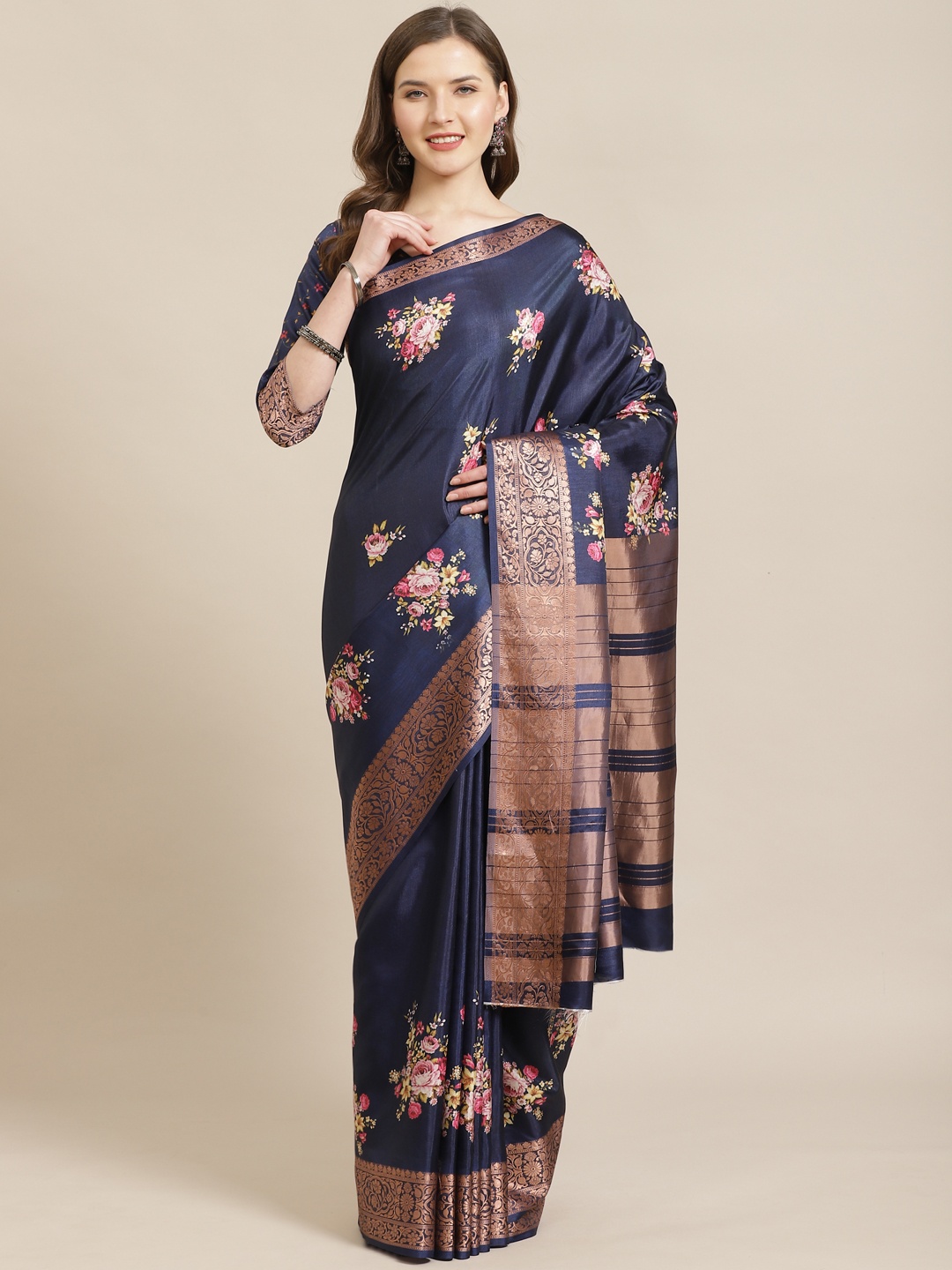 

Kvsfab Navy Blue & Pink Floral Print Zari Saree
