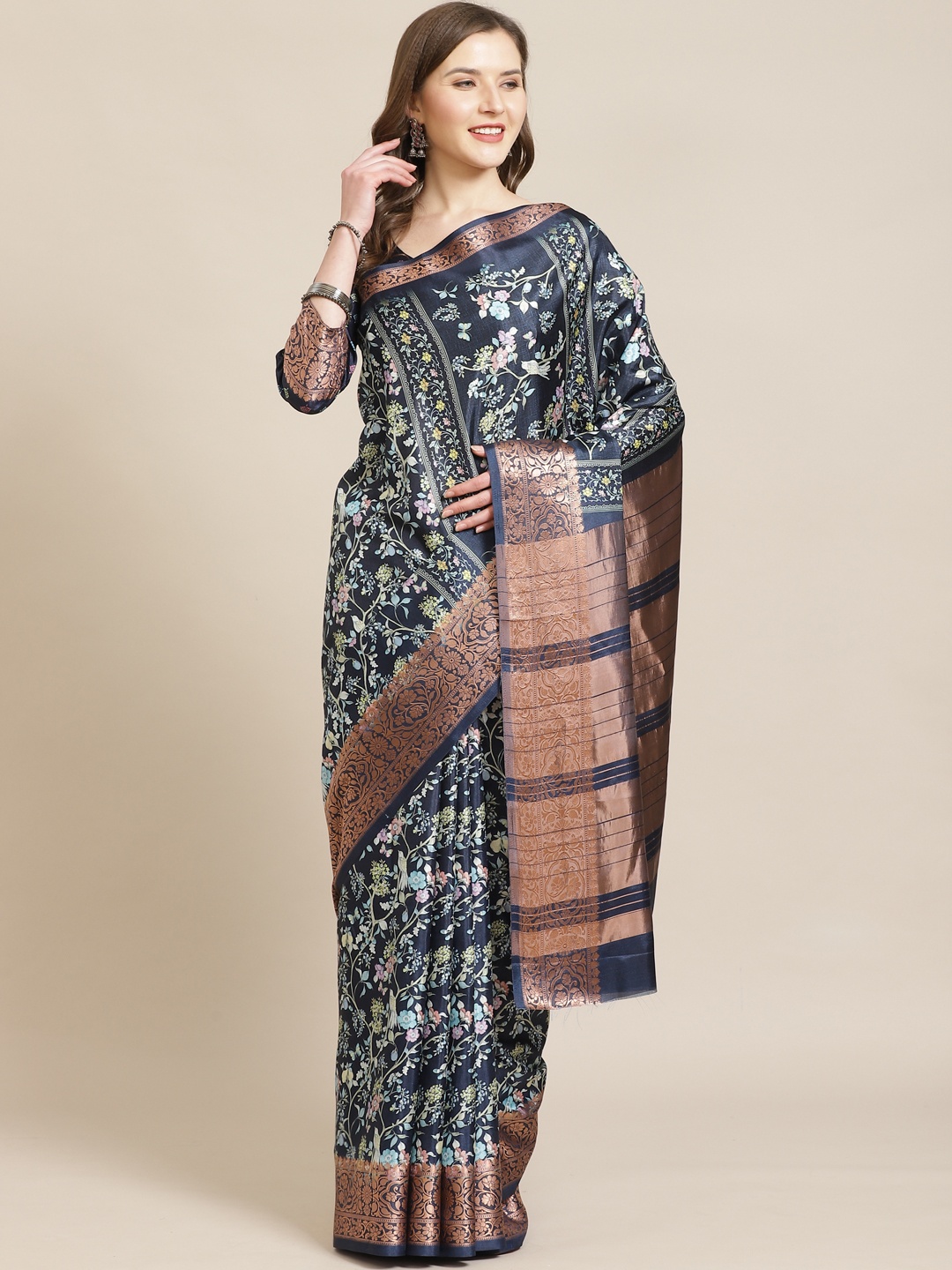 

Kvsfab Navy Blue & Rose Gold Floral Print Zari Saree